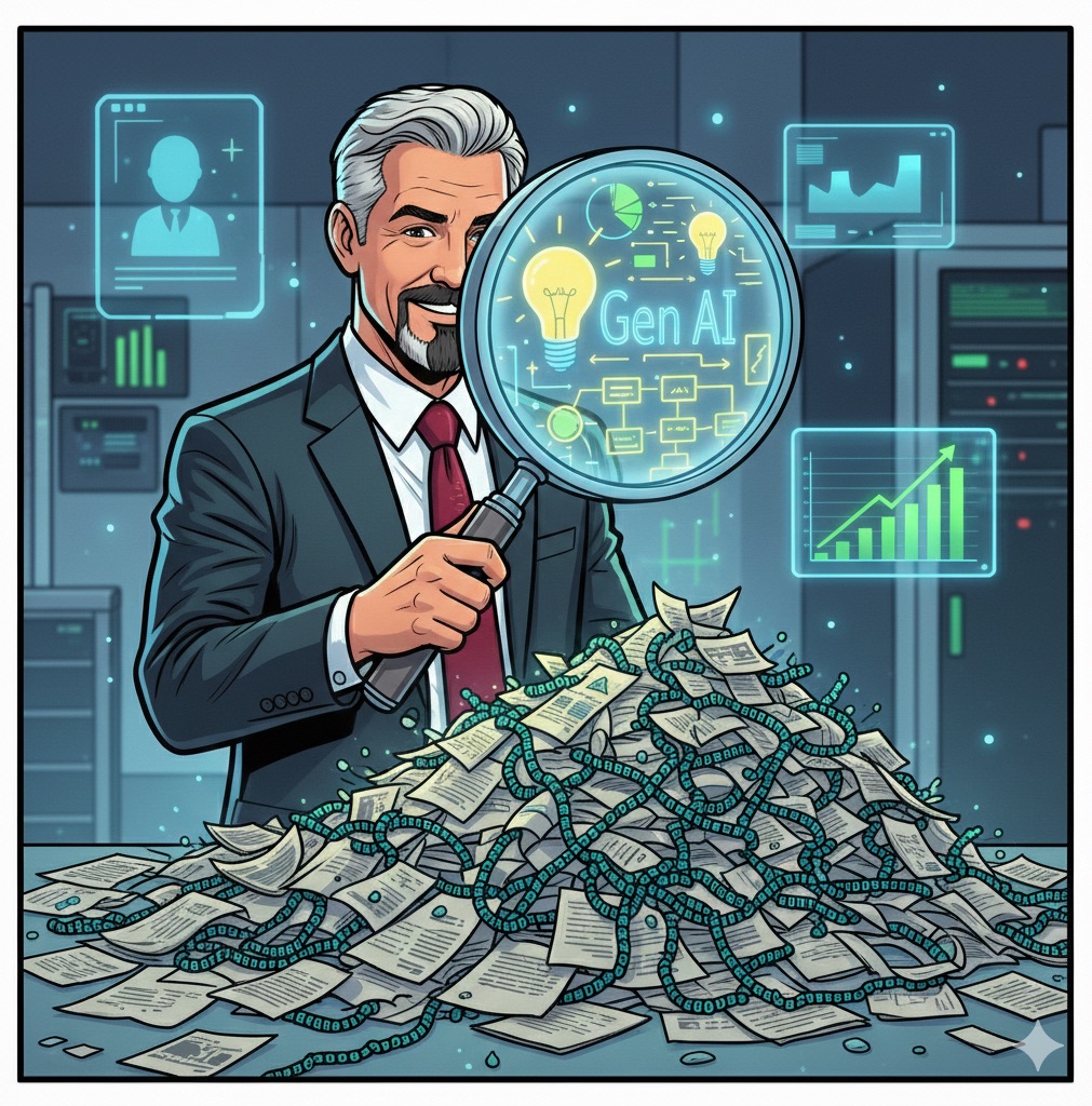 Comic: an advisor examines a mountain of documents and data streams through a large magnifying glass labeled Gen AI, which reveals organized insights — lightbulbs, flowcharts and rising graphs