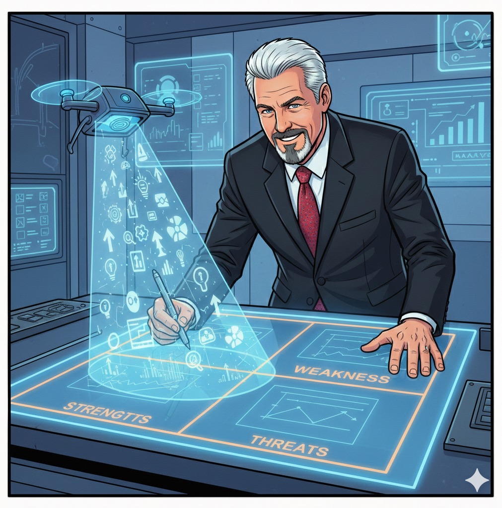 Comic: an advisor sketches on a holographic SWOT grid labeled Strengths, Weakness, Threats while an AI drone beams down a column of ideas — arrows, lightbulbs and charts