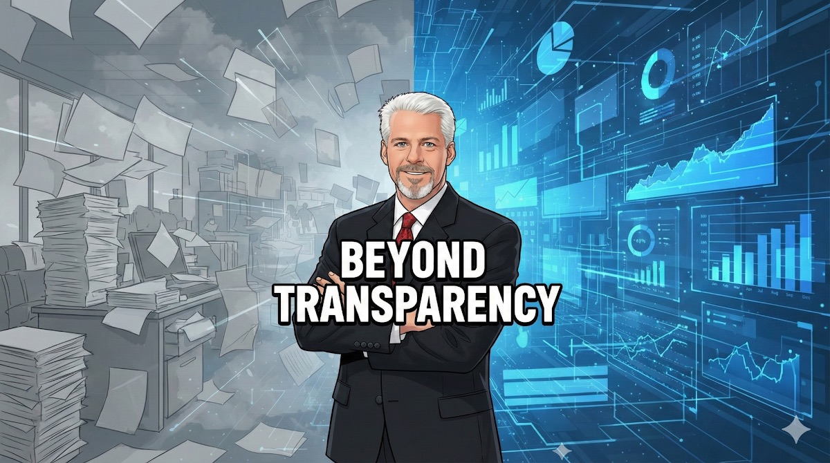 Illustration of a confident sales professional between piles of paperwork and AI-driven data dashboards, titled Beyond Transparency