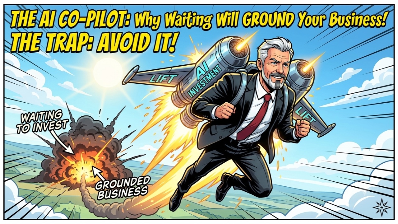 Comic banner: a consultant soars on a jetpack labeled AI investment while an explosion below is labeled waiting to invest, grounded business — The AI Co-Pilot