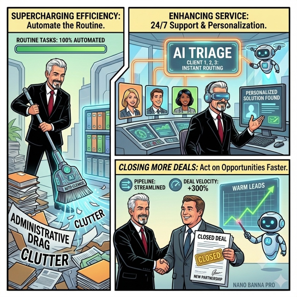 Comic in three panels: supercharging efficiency — an AI broom sweeps away administrative drag and clutter; enhancing service — AI triage routes clients instantly for 24/7 support; closing more deals — a streamlined pipeline and +300% deal velocity end in a handshake over a closed deal