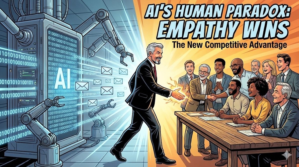 Illustration of a salesperson shaking hands with a diverse group of clients while AI machines work in the background, titled AI's Human Paradox: Empathy Wins