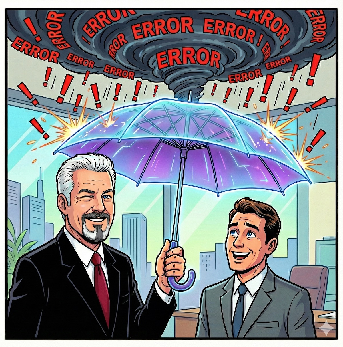 Comic: a winking consultant holds a glowing predictive-analytics umbrella over a relieved client, shielding him from a storm cloud raining red ERROR warnings and exclamation marks