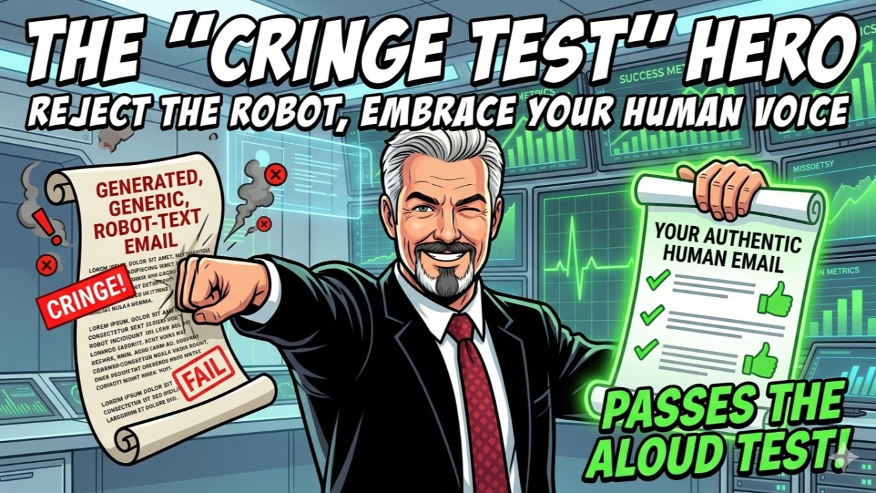Comic banner: The Cringe Test Hero rejects a generic robot-text email stamped FAIL and holds up an authentic human email — The Un-Bot-able Email