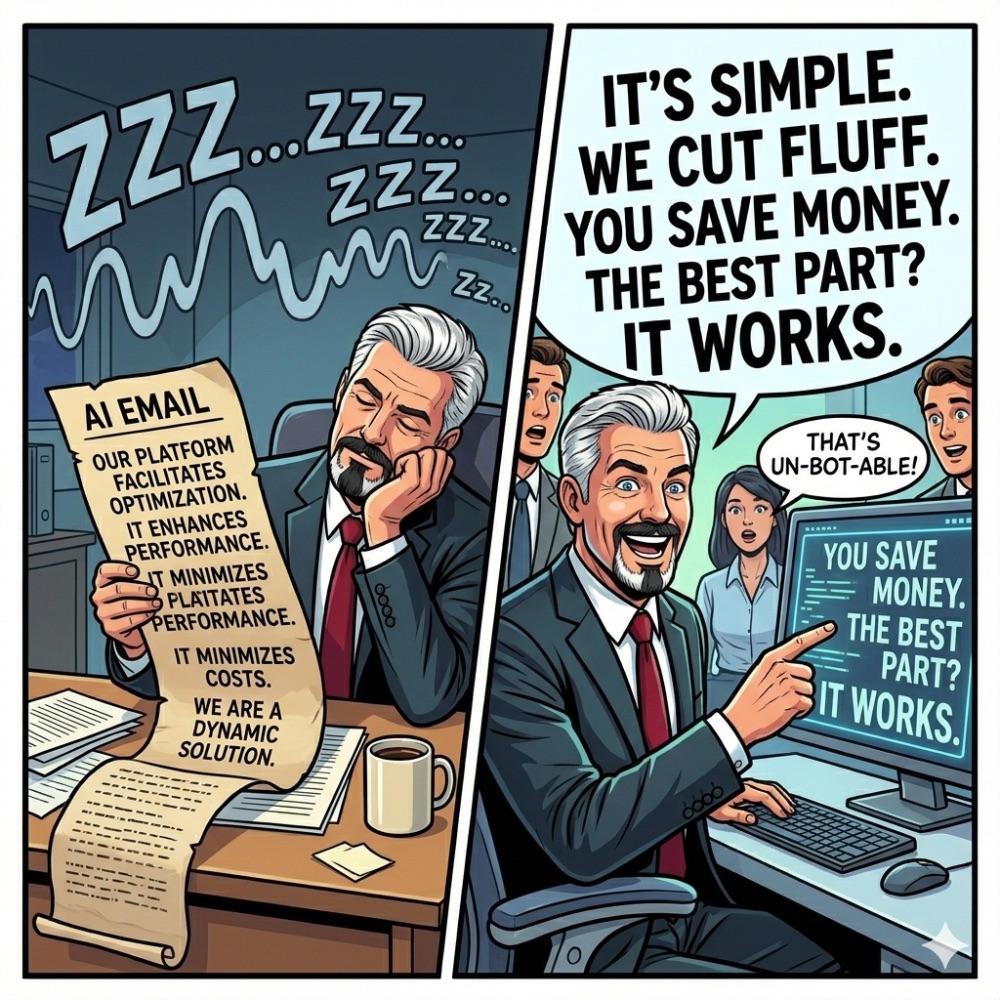 Comic in two panels: a buyer dozes off over a droning AI email full of corporate phrases, then wakes up delighted by a punchy human version reading It's simple. We cut fluff. You save money. The best part? It works — that's un-bot-able!
