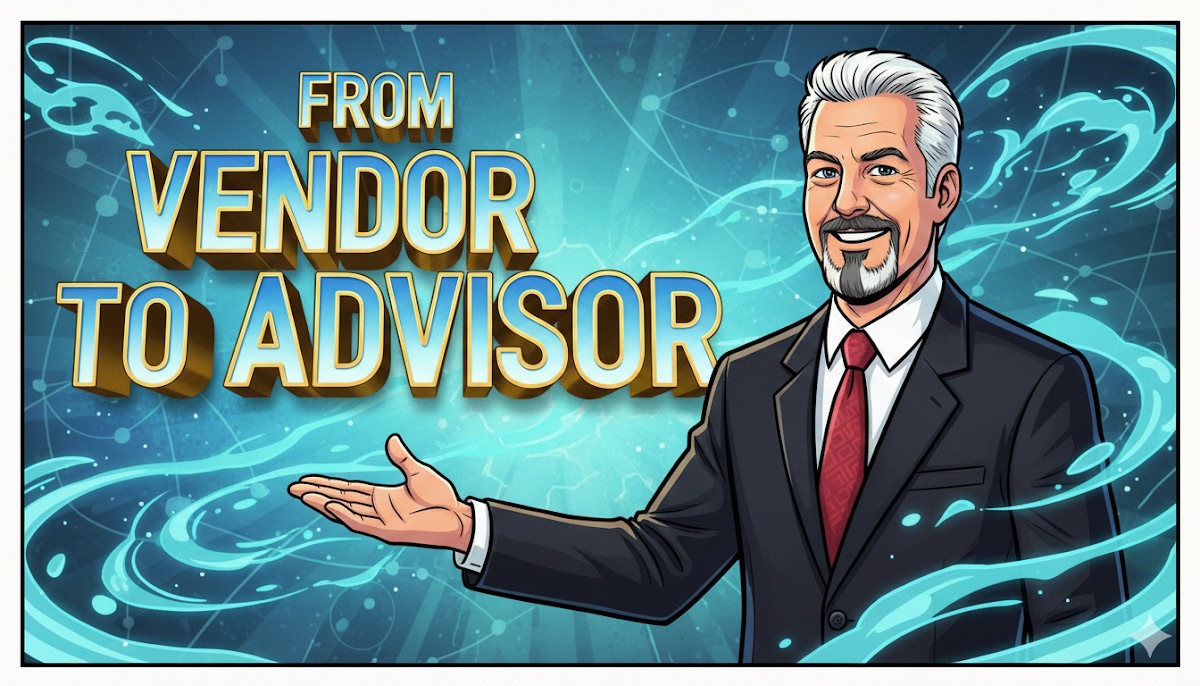 Illustration of a smiling advisor in a suit with the title From Vendor to Advisor
