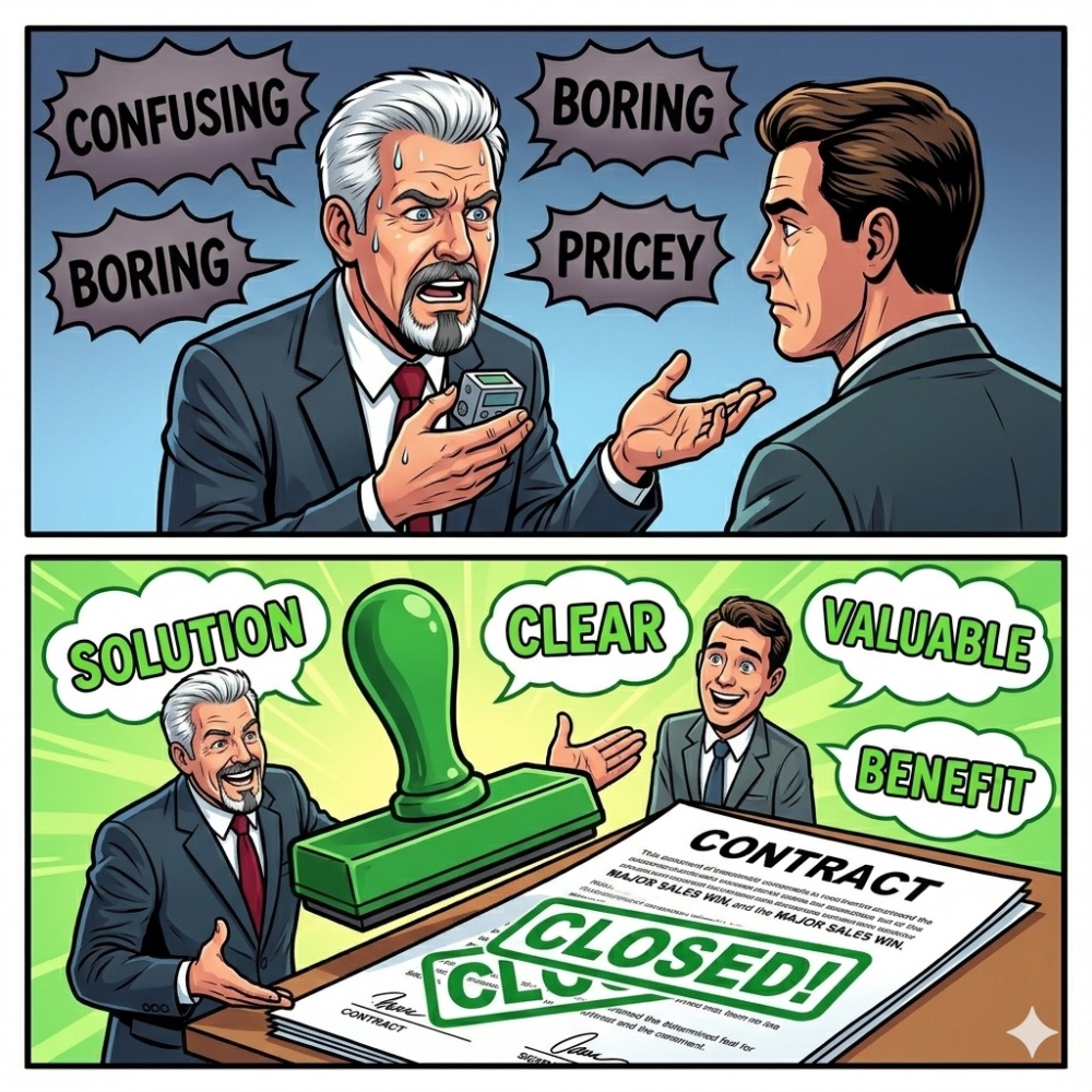 Comic in two panels: above, a sweating salesman's words land as gray bubbles reading confusing, boring, pricey; below, the same conversation glows green with solution, clear, valuable and benefit as a contract is stamped Closed