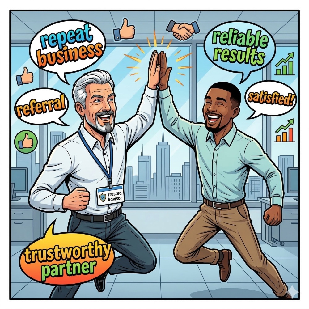 Comic: a consultant wearing a Trusted Advisor badge leaps for a high-five with a happy client, surrounded by bubbles reading repeat business, referral, reliable results, satisfied and trustworthy partner